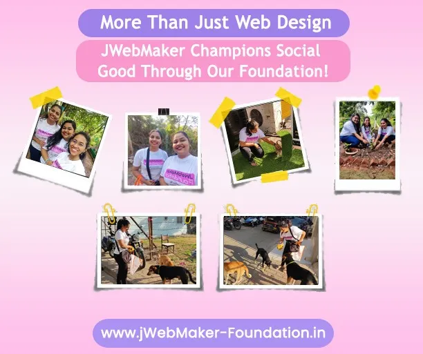 jWebMaker Foundation team engaged in community service activities, including caring for street dogs and planting trees, reflecting their commitment to social responsibility and environmental sustainability.